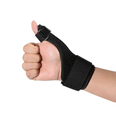 Black thumb splint brace worn on hand, fist closed
