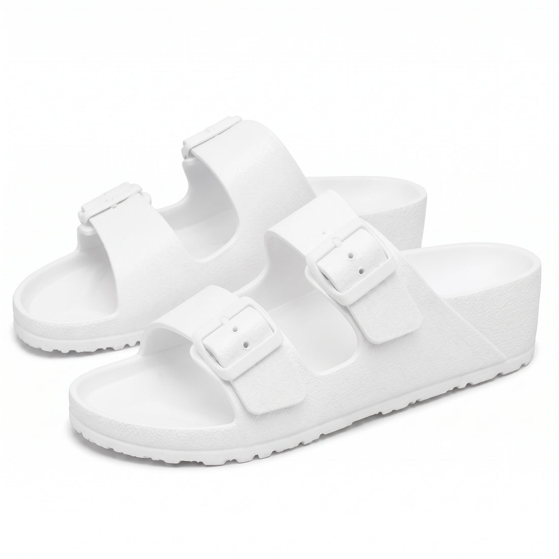 White foam slide slippers with two adjustable buckles