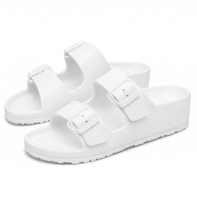 White foam slide slippers with two adjustable buckles