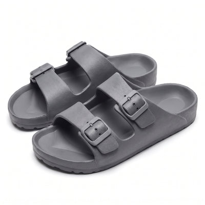 Gray shock-absorbing slide slippers on white background