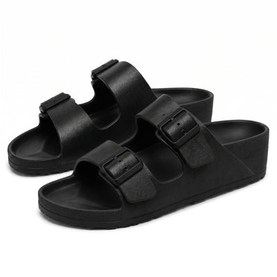 Black platform slide slippers with buckle straps